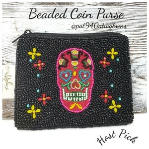 New!🔴 Sugar Skull Black Beaded Coin Purse Pouch